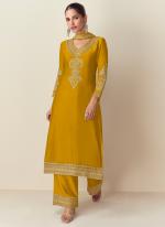 Chinnon Silk Mustard Party Wear Embroidery Work Readymade Straight Suit